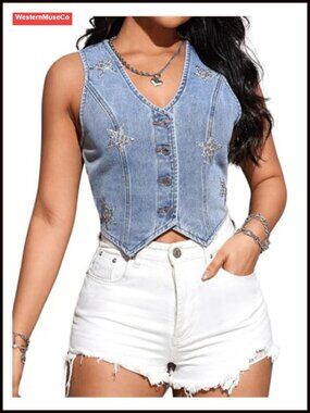 Sleeveless Denim Vest Star Rhinestone Button Down Waistcoat